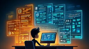 Prompt engineering instruction architecture with business professional working on AI systems