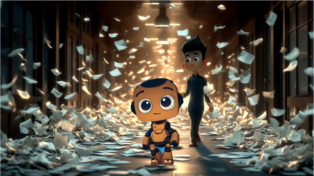 A 3D animated leader standing next to a cheerful robot, they are both surrounded by flying papers behind them
