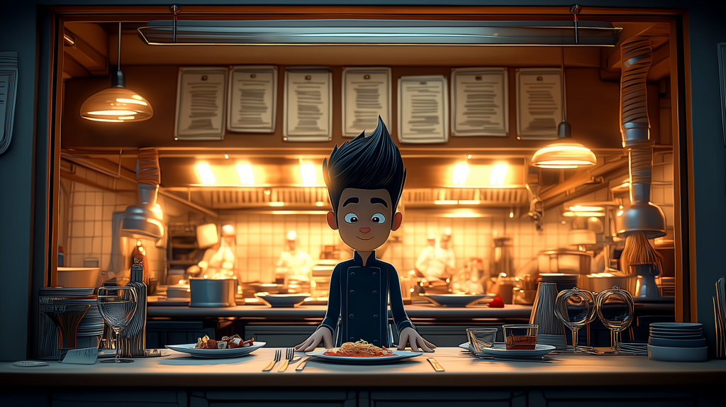 A 3D animated leader standing at a restaurant pass-through window presenting a plated dish, with a busy industrial kitchen visible behind them and an elegant dining room in the foreground
