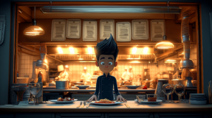 A 3D animated leader standing at a restaurant pass-through window presenting a plated dish, with a busy industrial kitchen visible behind them and an elegant dining room in the foreground