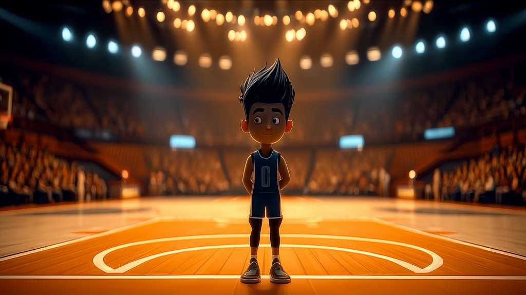 A 3D animated character standing at the three-point line of a basketball court in a packed arena, warm amber lighting from above, cinematic depth of field
