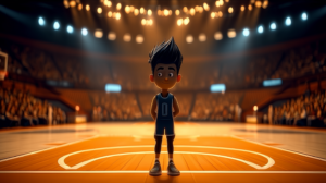 A 3D animated character standing at the three-point line of a basketball court in a packed arena, warm amber lighting from above, cinematic depth of field