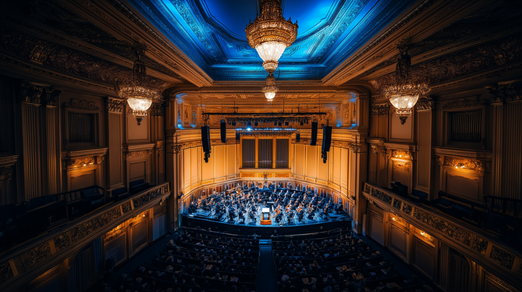 A vast orchestral concert hall viewed from a high balcony, with dozens of musicians on stage bathed in moody blue and amber lighting, ornate chandeliers overhead, and an empty conductor's podium at center stage.