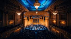 A vast orchestral concert hall viewed from a high balcony, with dozens of musicians on stage bathed in moody blue and amber lighting, ornate chandeliers overhead, and an empty conductor's podium at center stage.